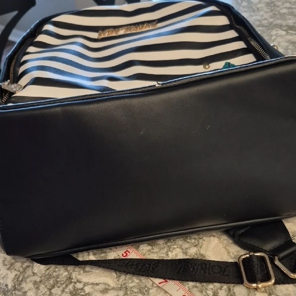 Betsey Johnson Black and White Embroidered Striped Backpack
